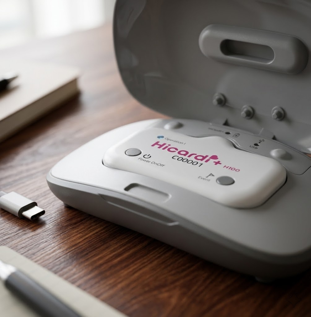 HiCardi+ H100 wireless Holter monitor with charging cradle on a desk